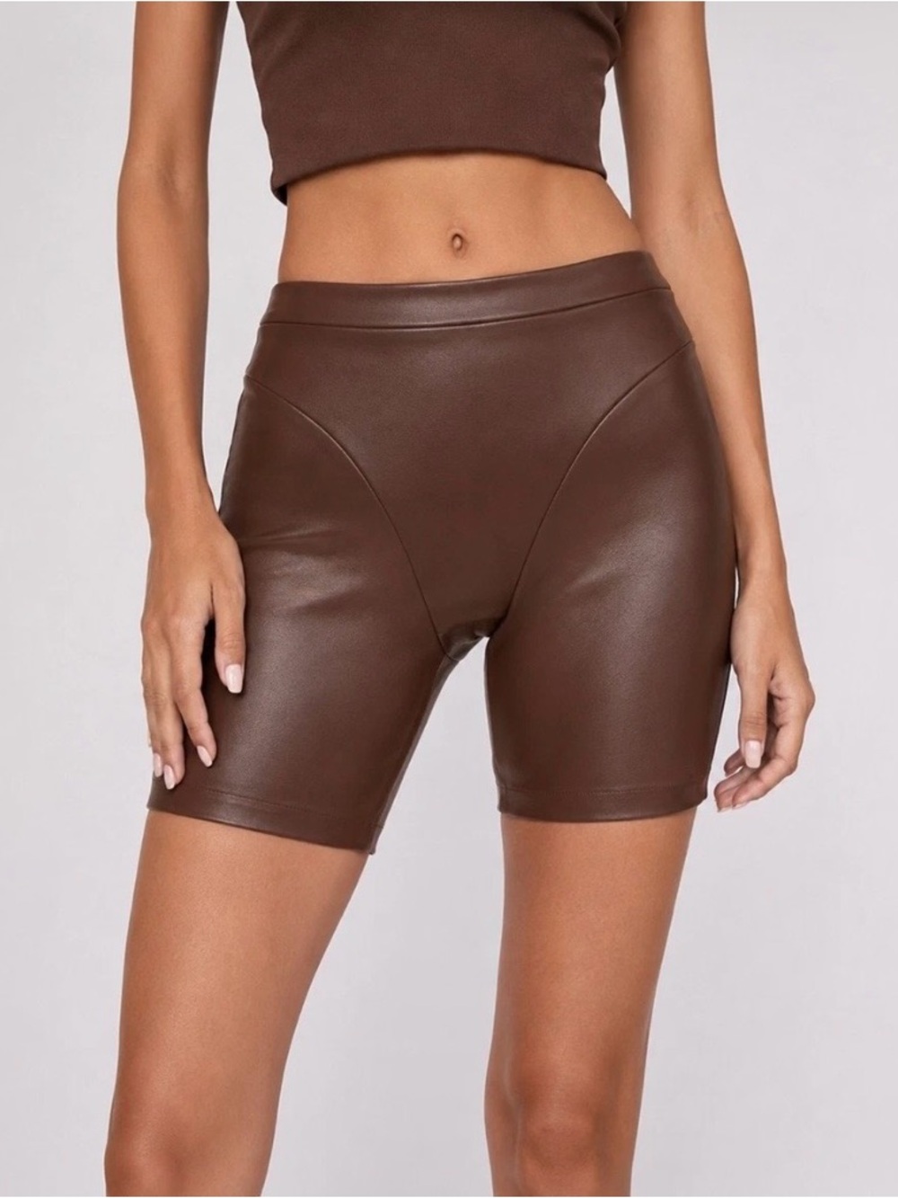SKIMS High-Waist Dark Brown Faux Leather Bike Shorts
